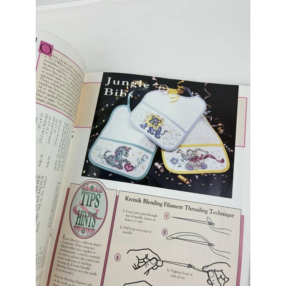 Cross Stitch Cats Meow Afghan Hearts Mushrooms birds Vtg 90s Elephant Zebra Bibs